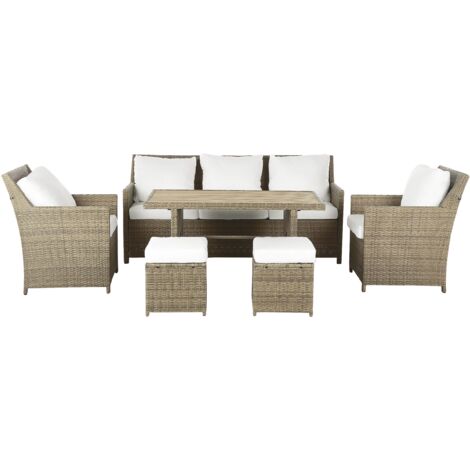 Conjunto de jardín 5 plazas de ratán sintético marrón sofás 2 sillones mesa 2 otomanas cojines blancos comedor exterior Fonti