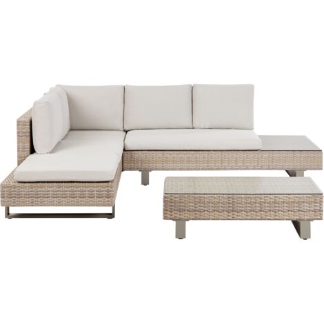 Conjunto de jardín 5 plazas de ratán sintético sofá con mesa de centro cojines blanco crema Lanciano