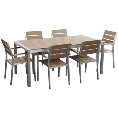 Conjunto de jardín 6 plazas de metal plateado madera clara plástica mesa sillas Vernio