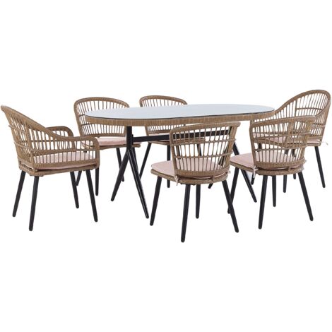 Conjunto de jardín 6 plazas de ratán beige negro rosa tablero vidrio Aliano II