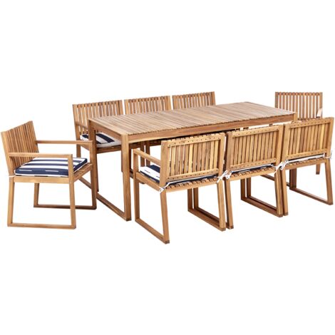 Conjunto de jardín 8 plazas rústico de madera de acacia certificada sillas con cojines de asiento azul marino y blanco Sassari II
