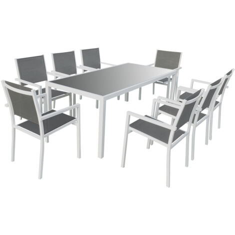 Conjunto de jardín BARI 8 plazas en textileno gris aluminio blanco