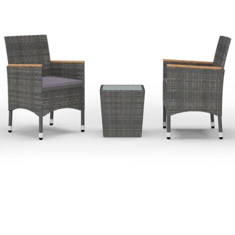 Conjunto de jardín bistro muebles exterior terraza 3 piezas resina tejida y vidrio templado gris 020013525