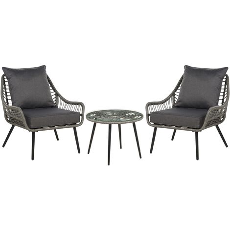 Conjunto de jardín boho balcón exterior patas de metal mesa de centro y 2 sillas ratán gris Laureto