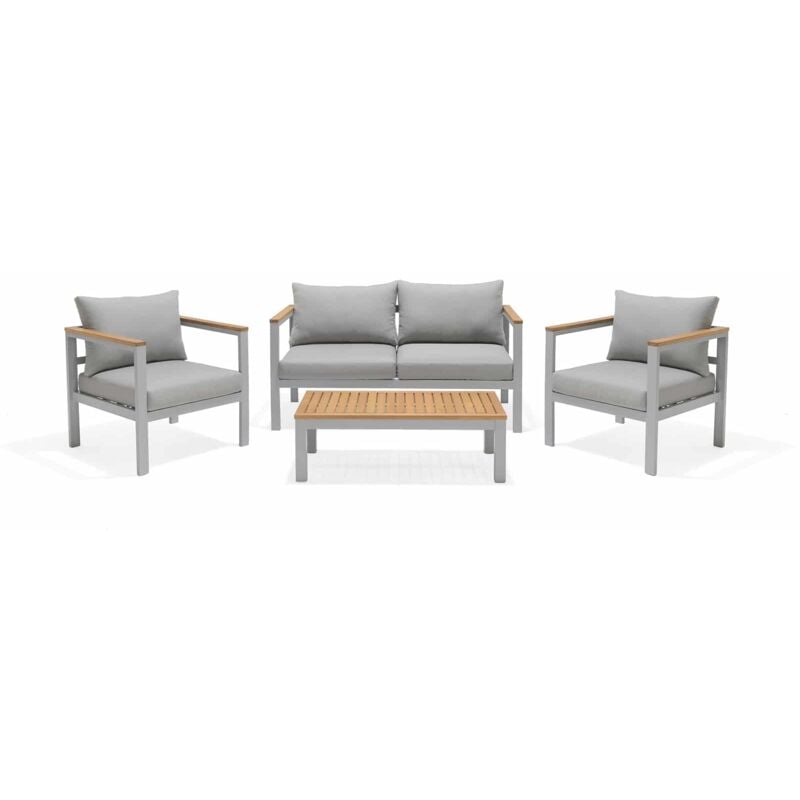 

Conjunto de Jardín Chillvert Bérgamo Aluminio y Madera 1 Sofá + 2 Sillones + 1 Mesa Gris con Cojines