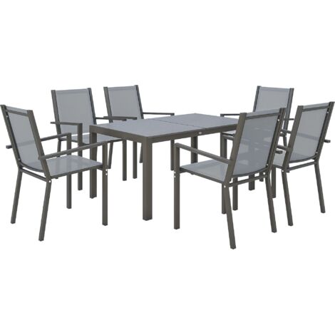 Conjunto de jardín con 6 sillas apilables y mesa de comedor rectangular, gris claro.