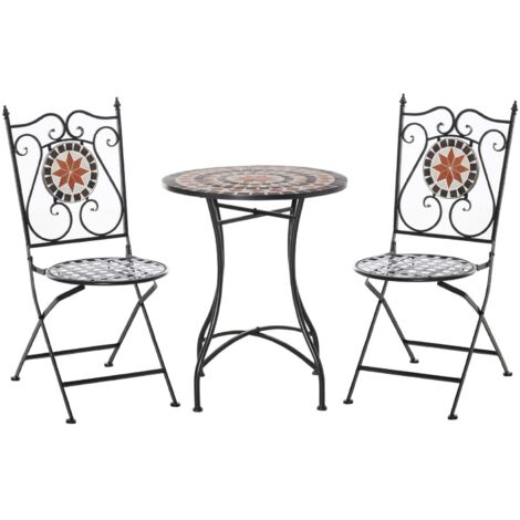Conjunto De Jardín Con Muebles De Balcón Para 2 Personas, Mesa Mosaico, 2 Sillas Plegables, Metal, Multicolor