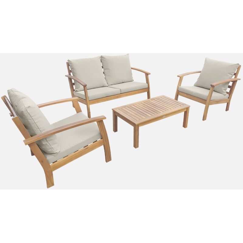 

Alice's Garden - Conjunto de jardín de madera de 4 plazas - Ushuaïa - Cojines crudos, sofá, sillones y mesa de centro en acacia, diseño - Madera