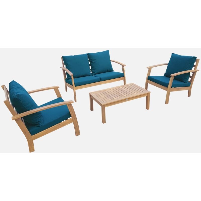 

Alice's Garden - Conjunto de jardín de madera 4 plazas - Ushuaïa - Cojines azul pato, sofá de madera de acacia, sillones y mesa de centro - Madera