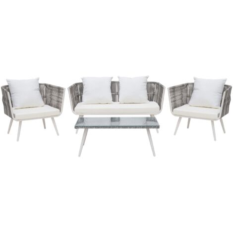 Conjunto de jardín de ratán sintético beige para 4 personas con mesa de centro y cojines Ragusa