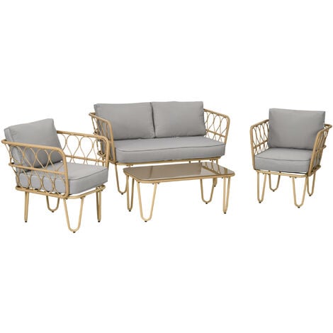 OUTSUNNY Conjunto de jardín de ratán sintético juego de 4 piezas muebles de jardín con 2 sofás individuales 1 sofá de 2 plazas 1 mesa de centro y cojines