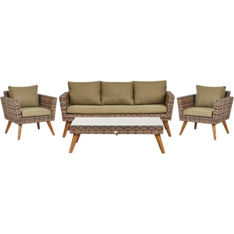 Conjunto de jardín de ratán sofá sillones con cojines verde oliva Vittoria XL