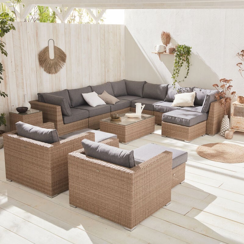 Conjunto de muebles de jardín de resina tejida, 12 a 14 plazas, Verona, Beige, 290x80x67.5 cm