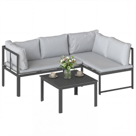 Conjunto de jardín exterior con cojines, 2 sofás de dos plazas con reposabrazos ajustables y mesa de centro gris con listones.