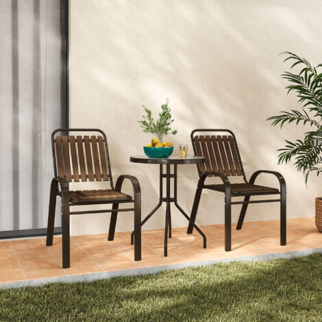 Conjunto de Jardín Exterior de 3 Piezas con 2 Sillas Apilables y Mesa Redonda de Vidrio Templado para Balcón Terraza