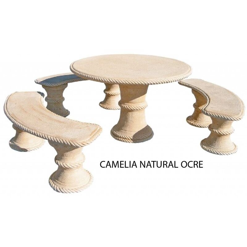 

Conjunto mesa de hormigón-Piedra Redonda 120cm. CAMELIA Natural, color Ocre. Sin respaldo.