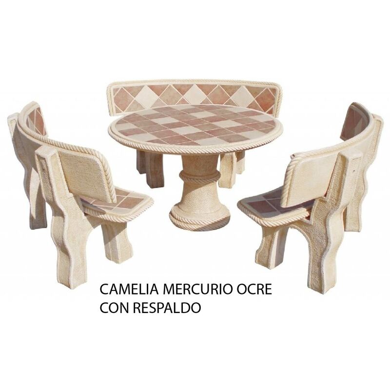 

Conjunto mesa de hormigón-Piedra Redonda 120cm. CAMELIA Azulejo: Mercurio, color Ocre. Con respaldo.