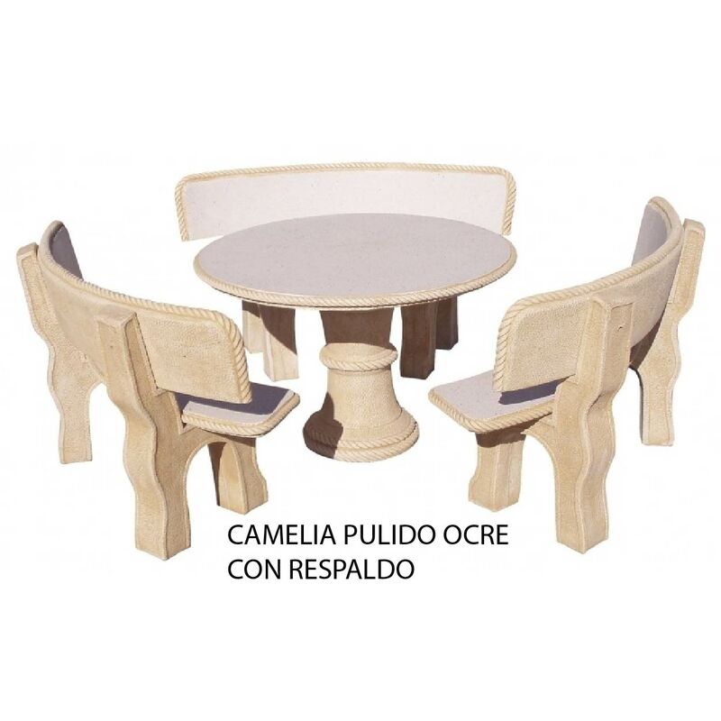 

Conjunto mesa de hormigón-Piedra Redonda 120cm. CAMELIA Pulido, color Ocre. Con respaldo.