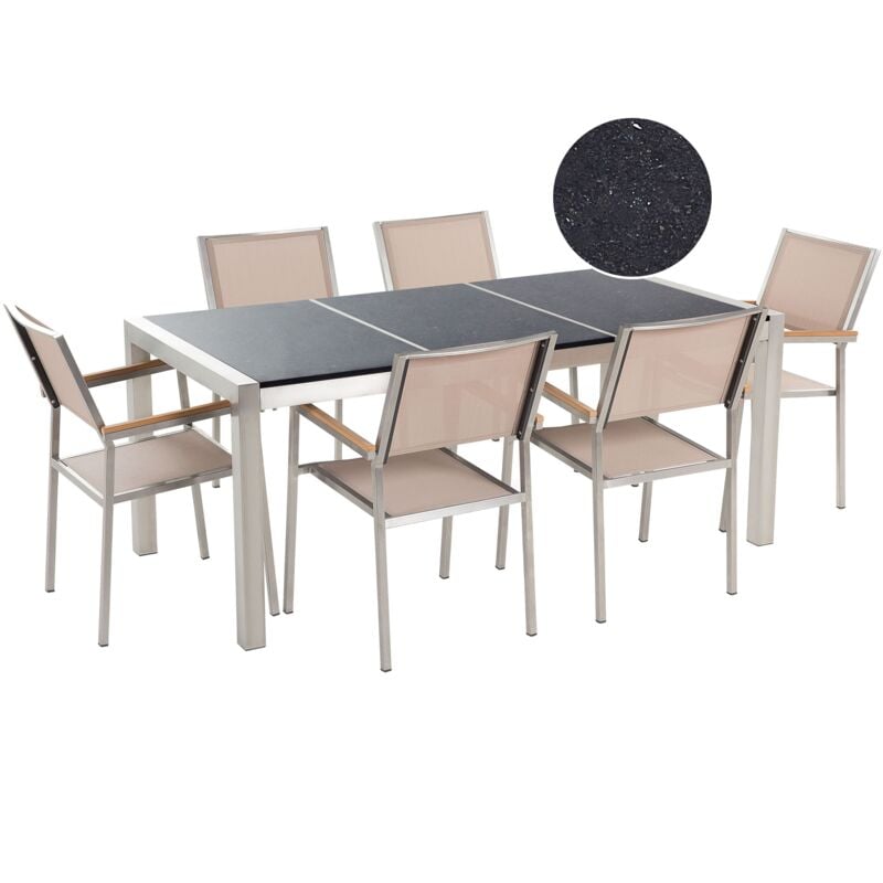 

Conjunto de jardín mesa con tablero negro pulido de piedra natural 180 cm, 6 sillas beige GROSSETO