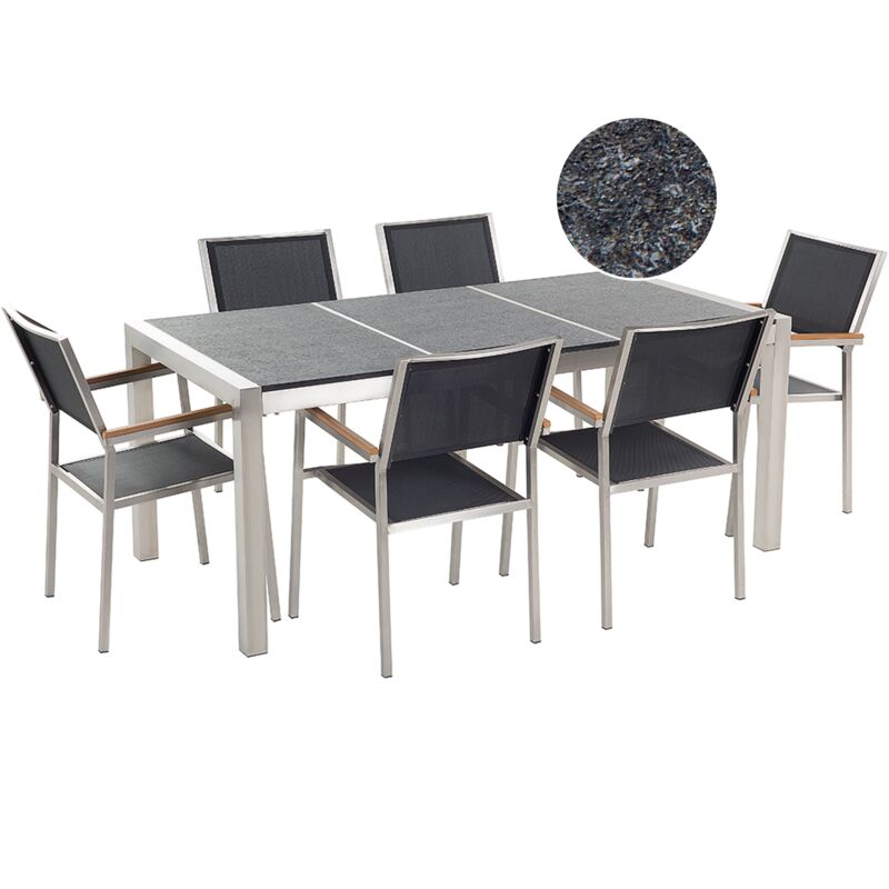

Conjunto de jardín mesa con tablero de piedra natural curtida negra 180 cm, 6 sillas en tela GROSSETO