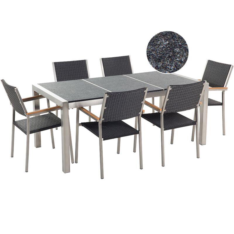 

Conjunto de jardín mesa con tablero de piedra natural curtida negra 180 cm, 6 sillas en ratán GROSSETO