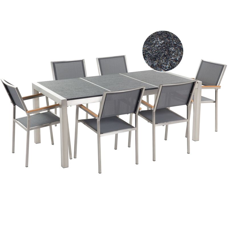 

Conjunto de jardín mesa con tablero de piedra natural de 180 cm, 6 sillas grises GROSSETO