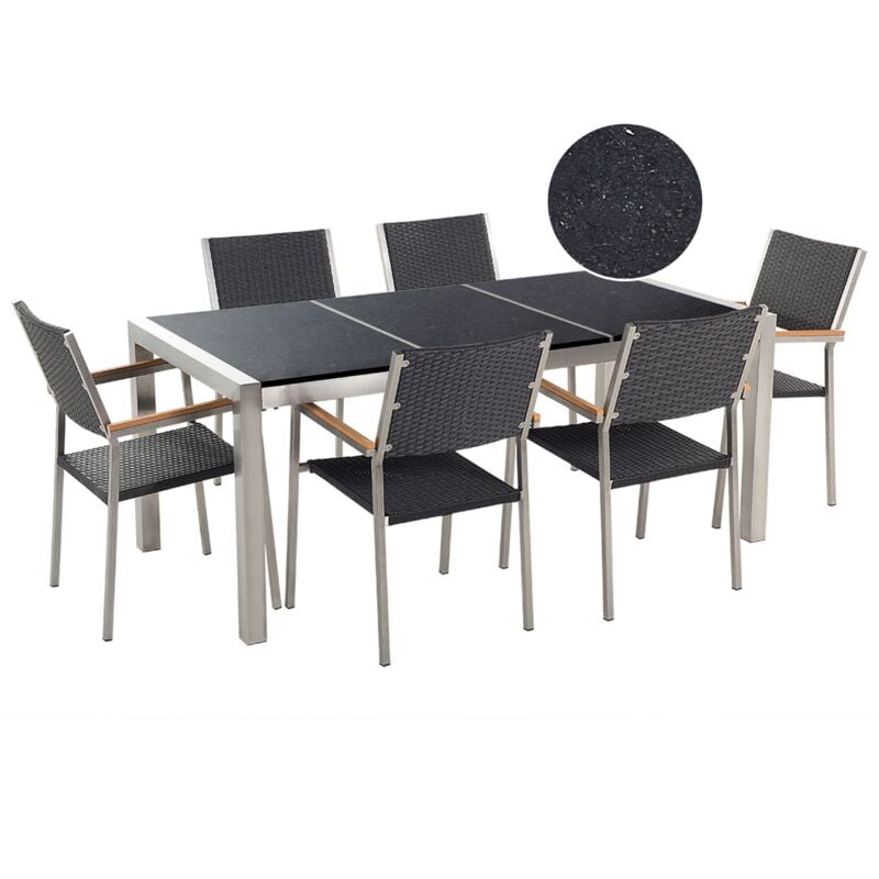 

Conjunto de jardín mesa con tablero de piedra natural pulida negra 180 cm, 6 sillas en ratán GROSSETO