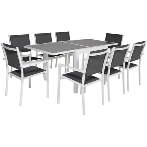 Conjunto de jardín LAMPEDUSA extensible en textileno gris 8 plazas aluminio blanco