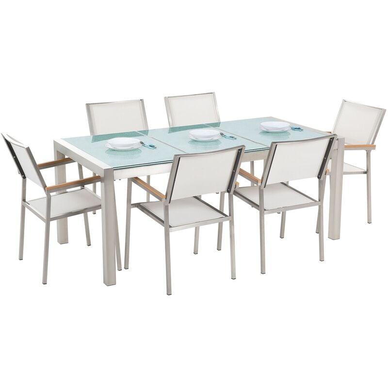 

Conjunto de jardín mesa en vidrio 180 cm con 6 sillas blancas GROSSETO