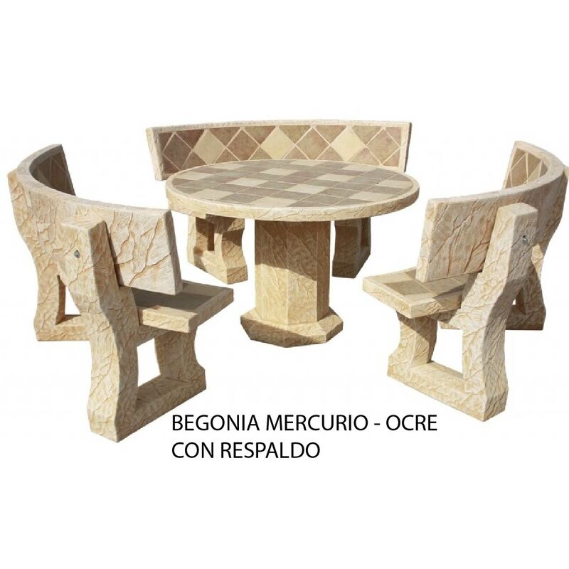 

Conjunto mesa de hormigón-Piedra Redonda 120cm. BEGONIA Azulejo: Mercurio con respaldo, piedra Ocre.