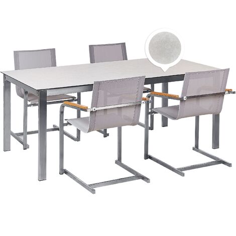 Conjunto de jardín moderno 4 plazas de acero inoxidable mesa comedor tablero de vidrio blanco sillas de textileno beige Cosoleto