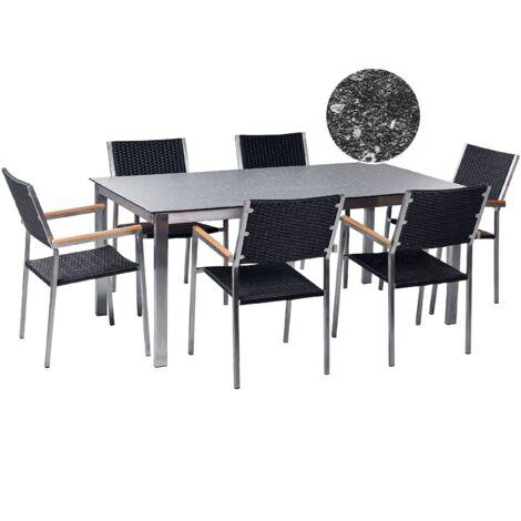 Conjunto de jardín moderno 6 plazas de acero inoxidable mesa comedor tablero de vidrio sillas de ratán efecto granito negro Cosoleto/Grosseto