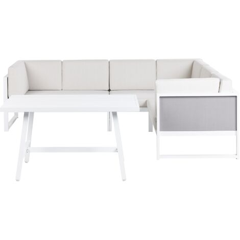 Conjunto de jardín moderno con mesa de centro de aluminio blanco cojines blanco crema Castella/Fratte
