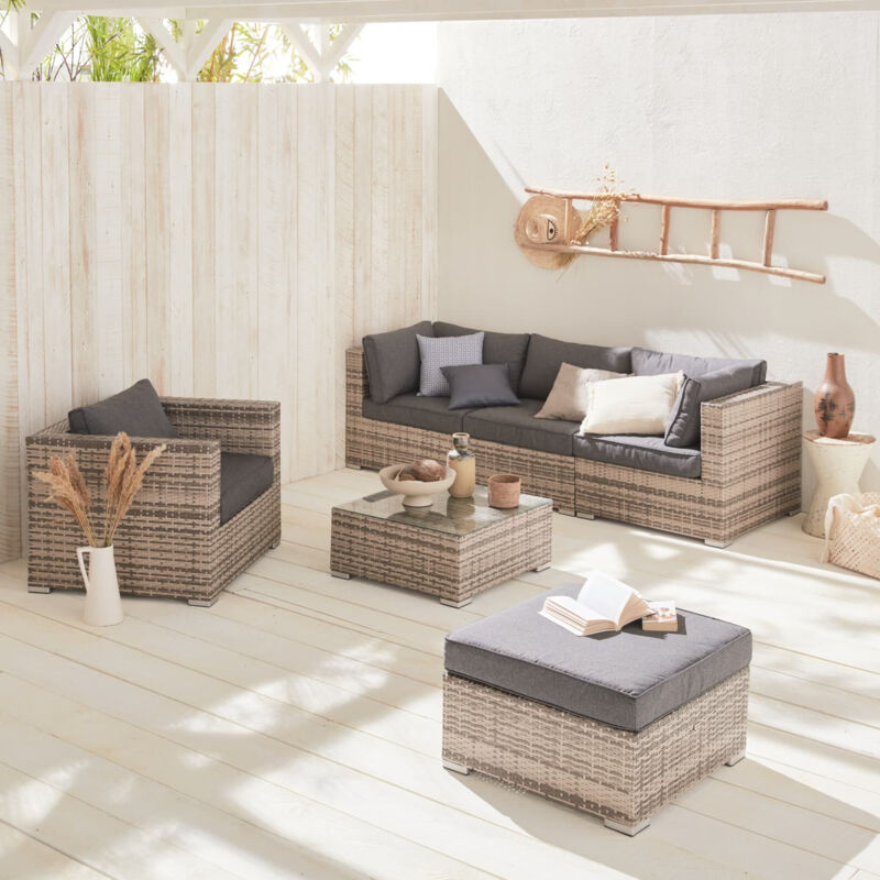 

Sofa de exterior para jardin de ratan sintético, Varios tonos de Gris, 5 Plazas Reales, Muy Cómodo - Varios tonos de grises