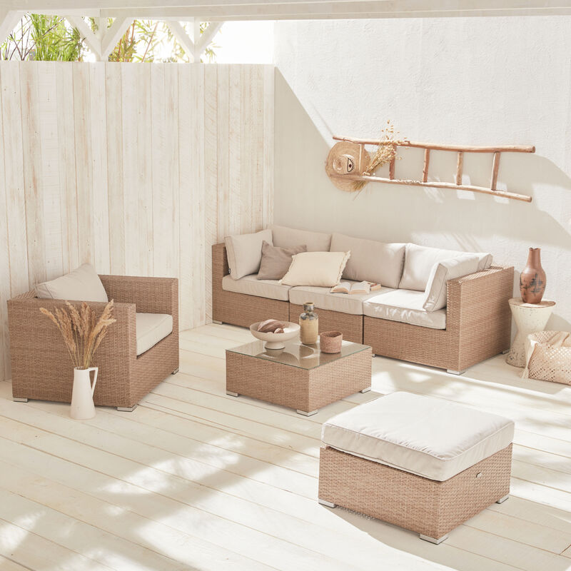 

Muebles de jardín de resina tejida - Caligari - Beige, cojines beige - 5 plazas - 1 sillón, 1 sillón sin reposabrazos, 1 puf, 2 sillones de esquina,