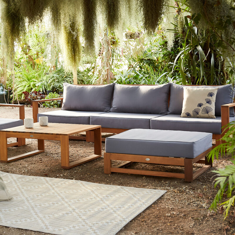 

Alice's Garden - Conjunto de jardín 5 plazas - Mendoza - Cojín color gris, sofá, sillones y mesa centro de acacia, 6 elementos modulares - Madera