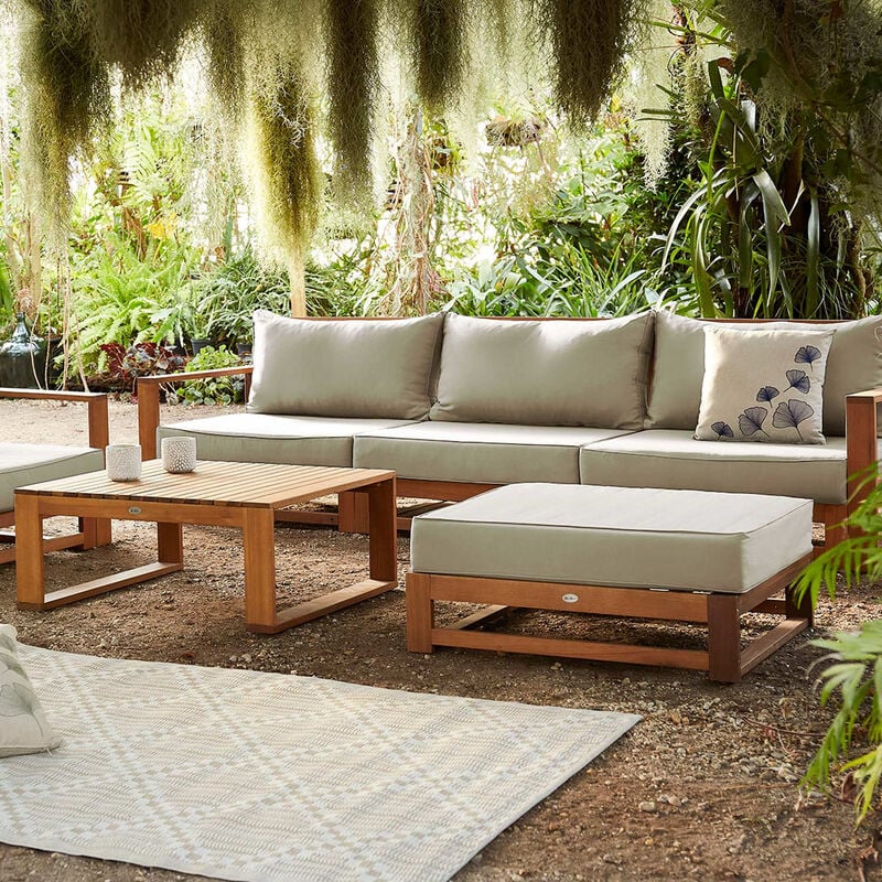 

Alice's Garden - Conjunto de jardín 5 plazas - Mendoza - Cojín color beige, sofá, sillones y mesa centro de acacia, 6 elementos modulares - Madera