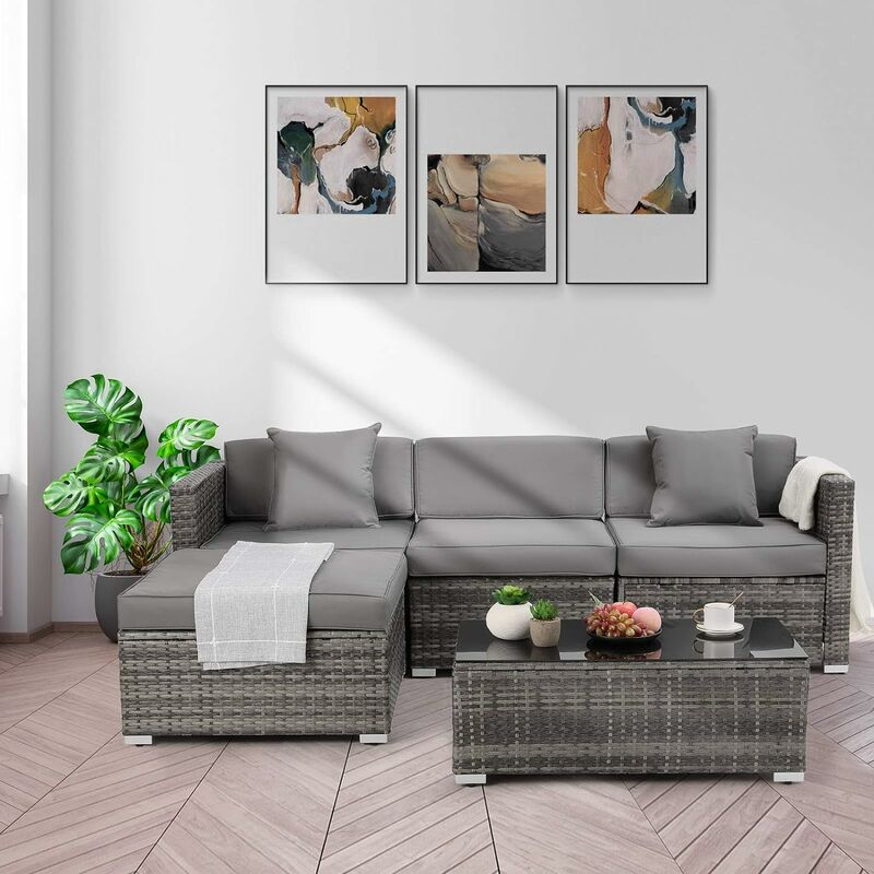 

Conjunto de Jardín de Ratán, Muebles de Jardín Exterior 4 Plazas, Combinación Versátil Conjuntos de Sofas Exteriors con 8cm Cojín Impermeable,