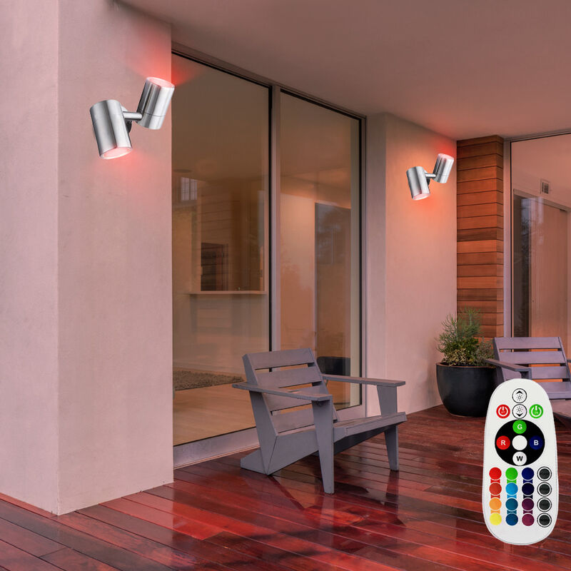 

Juego de 2 luces de pared para exteriores de acero inoxidable con control remoto móvil en un juego que incluye lámparas LED RGB
