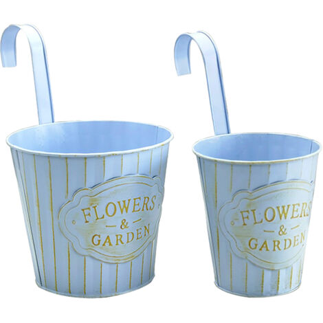 Conjunto de macetas colgantes vintage de hierro azul (15 cm + 20 cm) para plantas y suculentas en el balcón, con ganchos extraíbles.