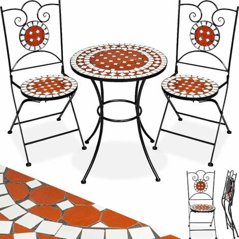 NO BRAND Conjunto de mesa Ø 60cm + 2 sillas mosaico - mesa mosaico de jardín con sillas, set de mesa y sillas estilo mosaico de cerámica, muebles de jardín con estructura metálica