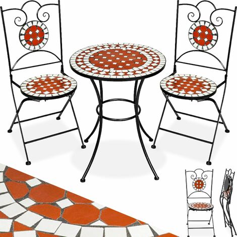 Conjunto de mesa Ø 60cm + 2 sillas mosaico - mesa mosaico de jardín con sillas, set de mesa y sillas estilo mosaico de cerámica, muebles de jardín con estructura metálica - marrón