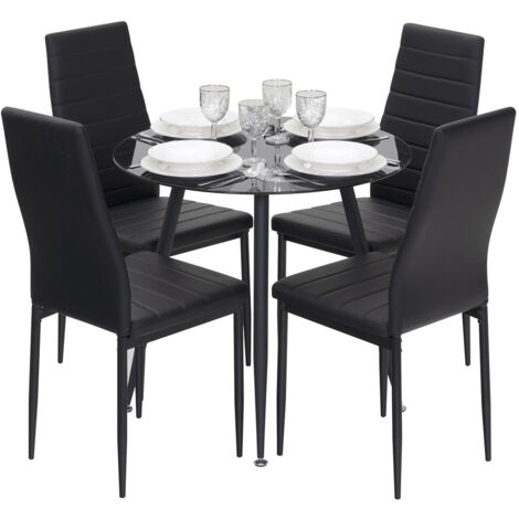 Conjunto de Mesa Corin con 4 Sillas Shirley Ø80x75 cm, Estructura Metálica Negra y Tapa de Vidrio con Efecto Mármol Negro  MOG Casa