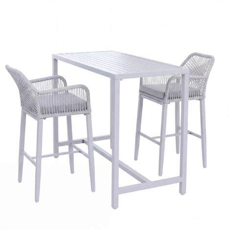 Conjunto de mesa de bar + 2 taburetes de bar HHG-294, silla de bar, mesa alta, cojín para exteriores, mimbre trenzado, metal, gris claro