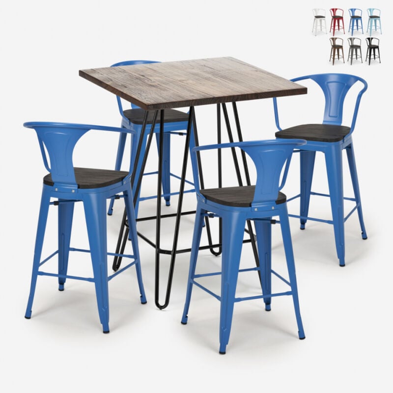 

Ahd Amazing Home Design - Conjunto de mesa de centro industrial madera metal 60x60cm 4 taburetes tolix Mason Noix Wood | Color: Azul Marino