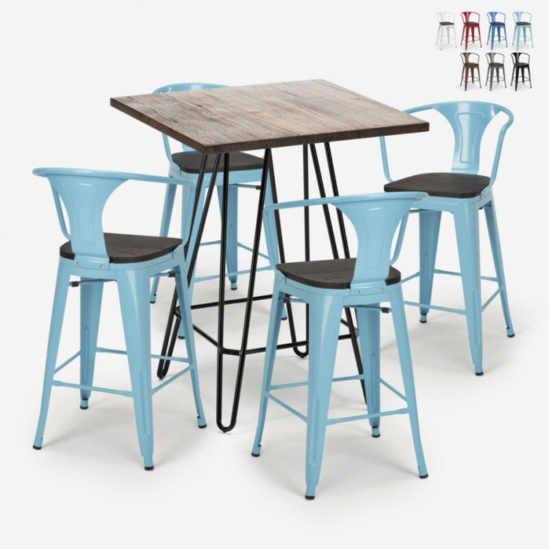 

Ahd Amazing Home Design - Conjunto de mesa de centro industrial madera metal 60x60cm 4 taburetes tolix Mason Noix Wood | Color: Azul