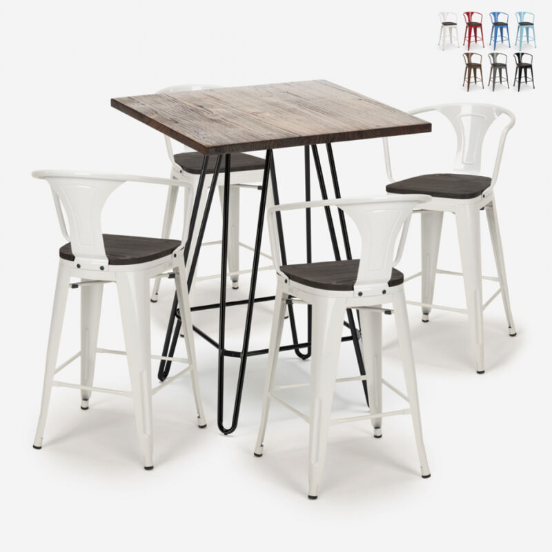 

Conjunto de mesa de centro industrial madera metal 60x60cm 4 taburetes tolix Mason Noix Wood | Color: Blanco