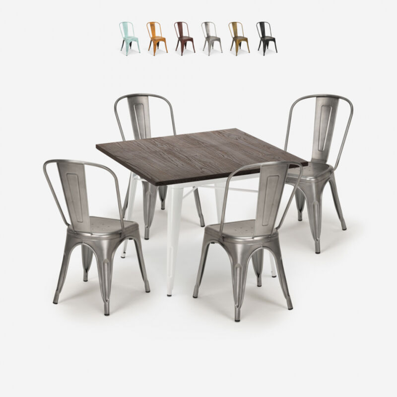 

Conjunto de mesa de cocina industrial 80x80cm 4 sillas de diseño tolix Burton White | Color: Silver