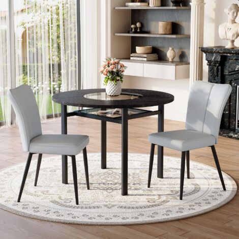 Conjunto de mesa de comedor redonda (100 cm) con 2 sillas de comedor de PU gris claro, inserto de vidrio y estante, patas de metal negro