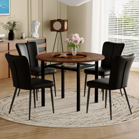 Conjunto de mesa de comedor redonda Ø100 cm con 4 sillas de PU negro, tablero de MDF marrón con cristal incrustado, efecto madera, patas de metal